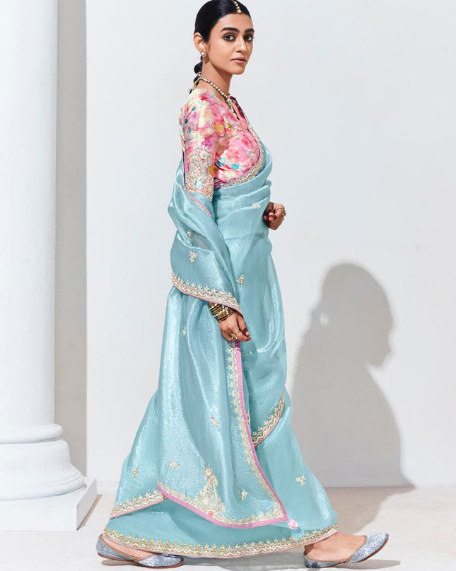 Ice Blue Organza Embellished Designer Saree