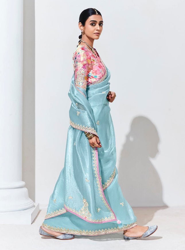 Ice Blue Organza Embellished Designer Saree
