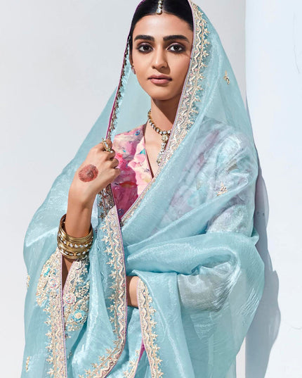 Ice Blue Organza Embellished Designer Saree