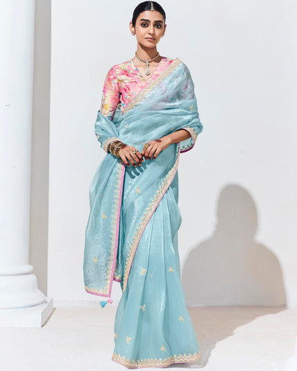Ice Blue Organza Embellished Designer Saree