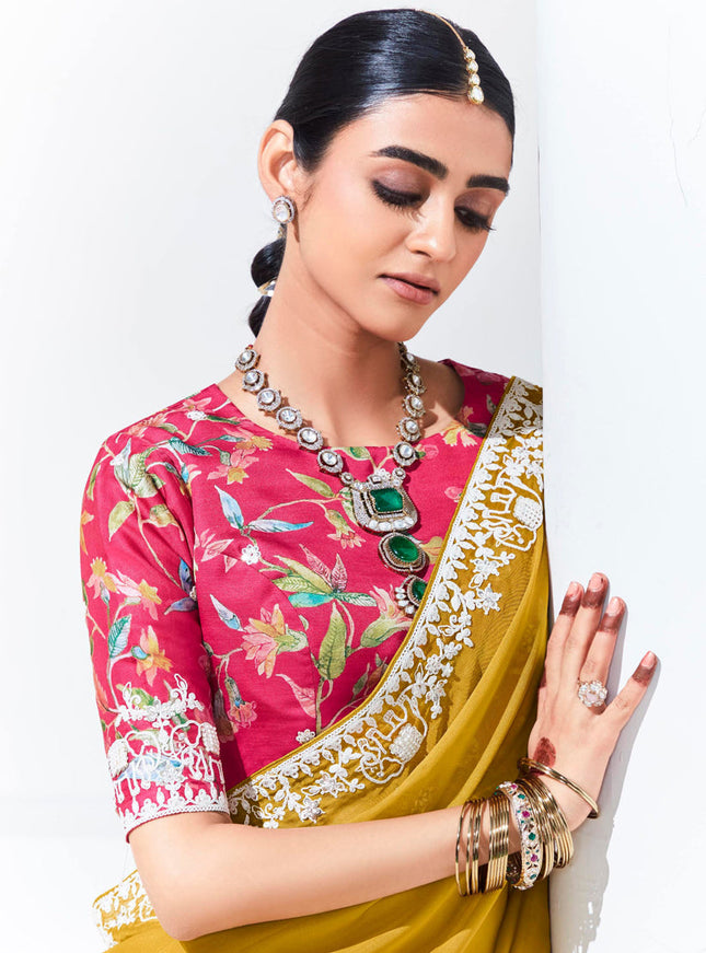 Maize Yellow Organza Embellished Designer Saree