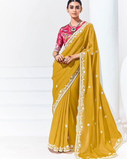 Maize Yellow Organza Embellished Designer Saree