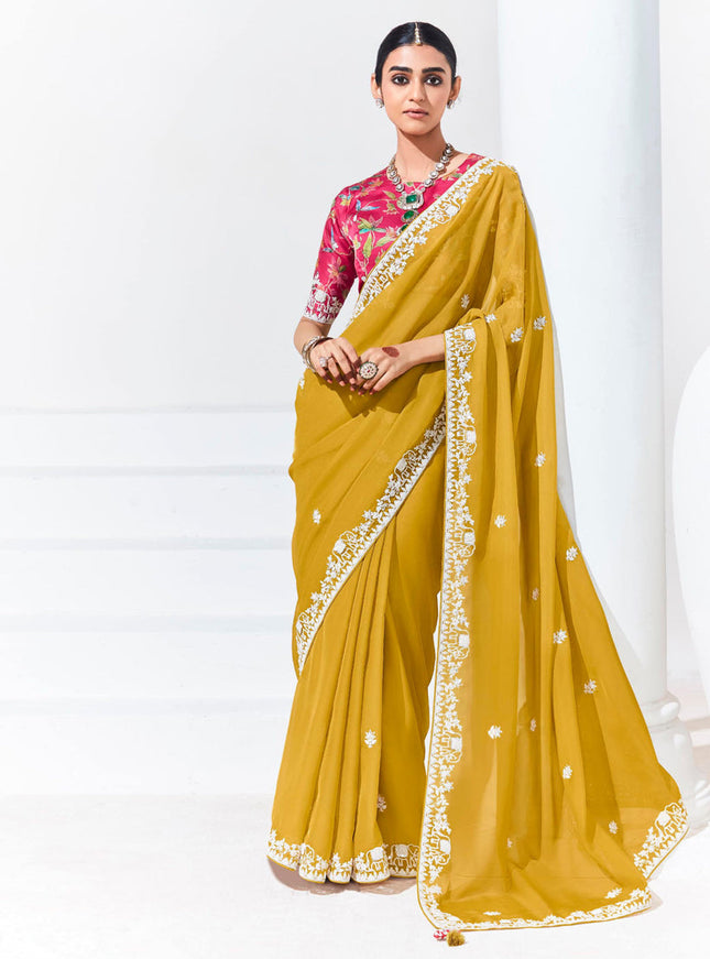 Maize Yellow Organza Embellished Designer Saree