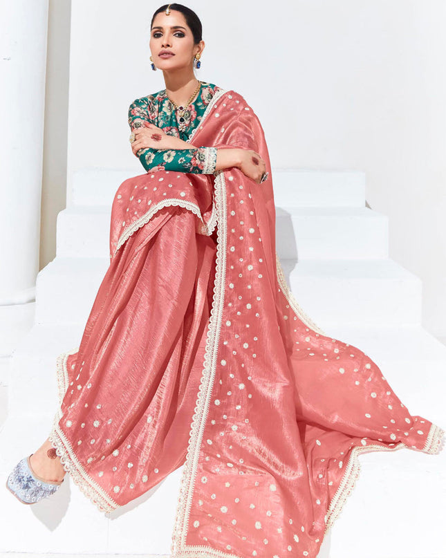 Salmon Pink Organza Embellished Designer Saree