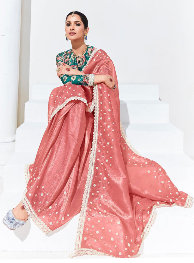 Salmon Pink Organza Embellished Designer Saree