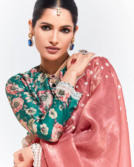 Salmon Pink Organza Embellished Designer Saree