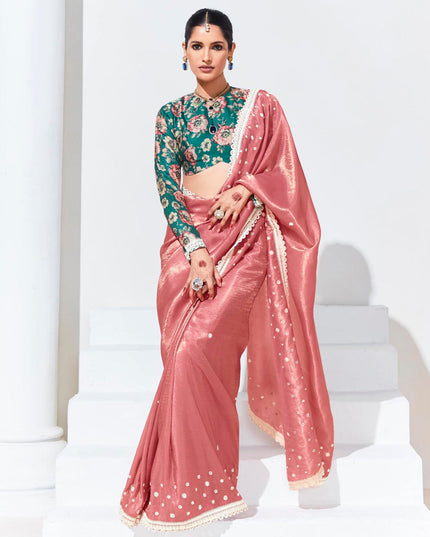 Salmon Pink Organza Embellished Designer Saree