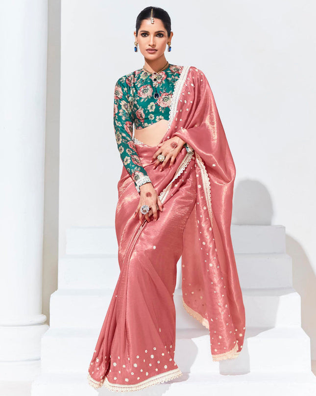 Salmon Pink Organza Embellished Designer Saree