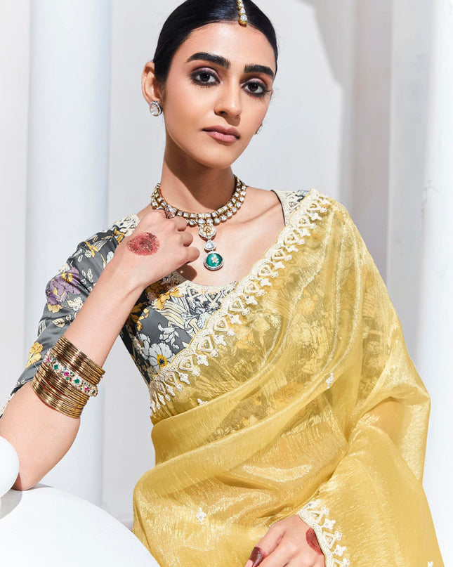Pastel Yellow Organza Embellished Designer Saree