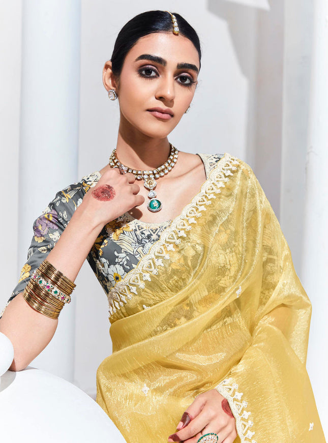 Pastel Yellow Organza Embellished Designer Saree