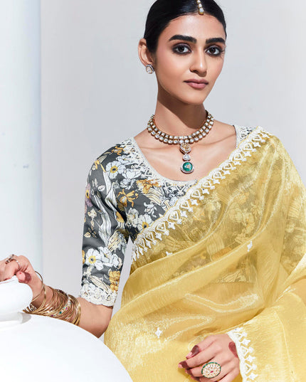 Pastel Yellow Organza Embellished Designer Saree