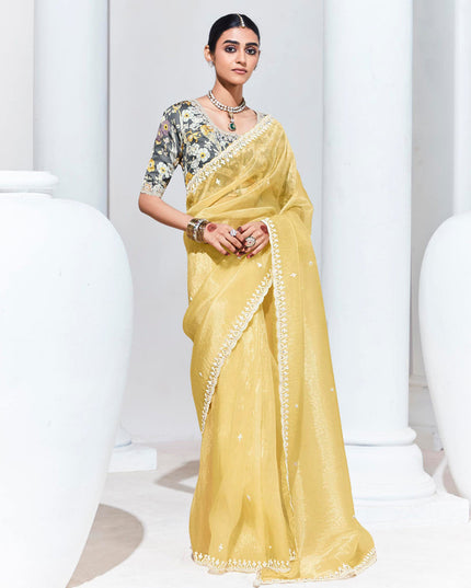 Pastel Yellow Organza Embellished Designer Saree