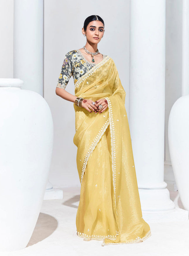 Pastel Yellow Organza Embellished Designer Saree