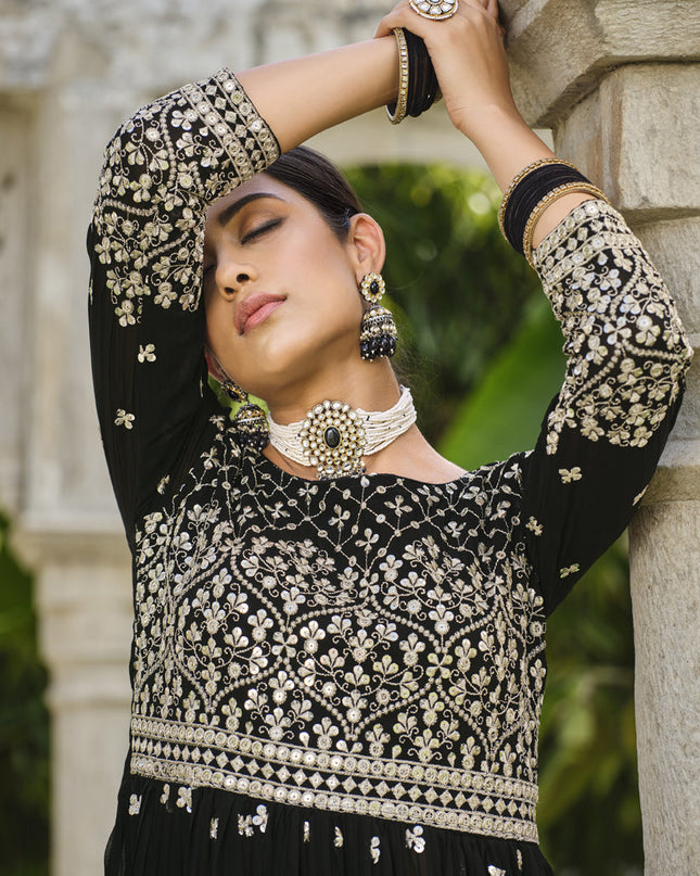 Black Pure Faux Georgette Palazzo Kameez Suit