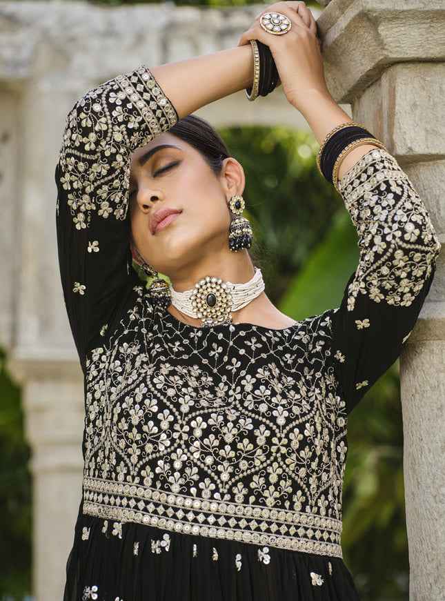 Black Pure Faux Georgette Palazzo Kameez Suit