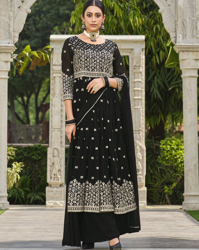 Black Pure Faux Georgette Palazzo Kameez Suit