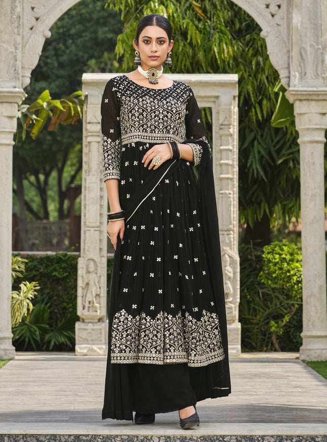 Black Pure Faux Georgette Palazzo Kameez Suit
