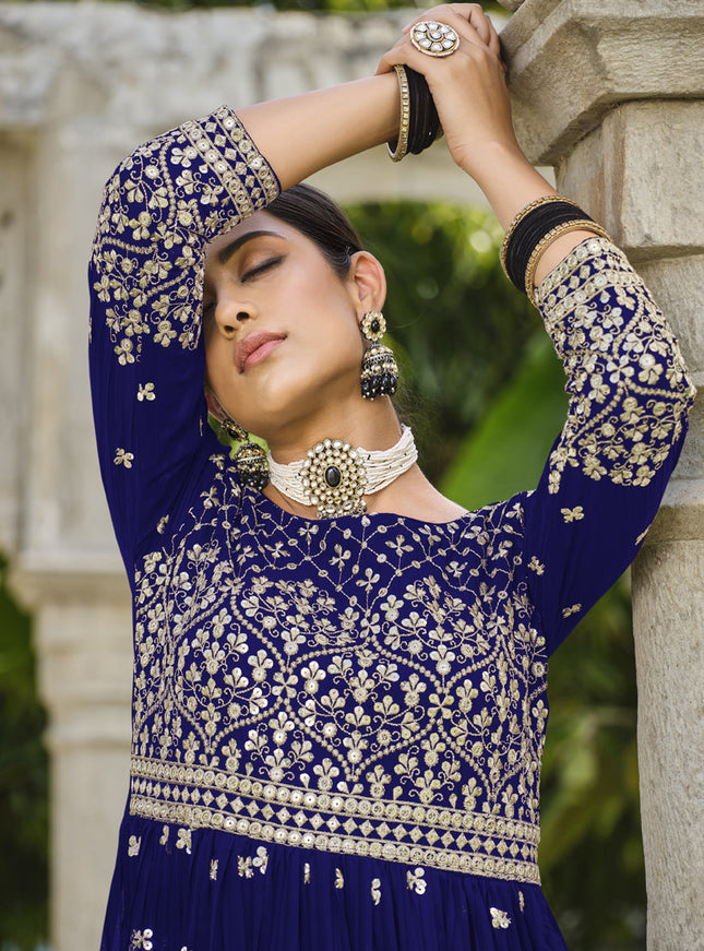 Royal Blue Pure Faux Georgette Palazzo Kameez Suit