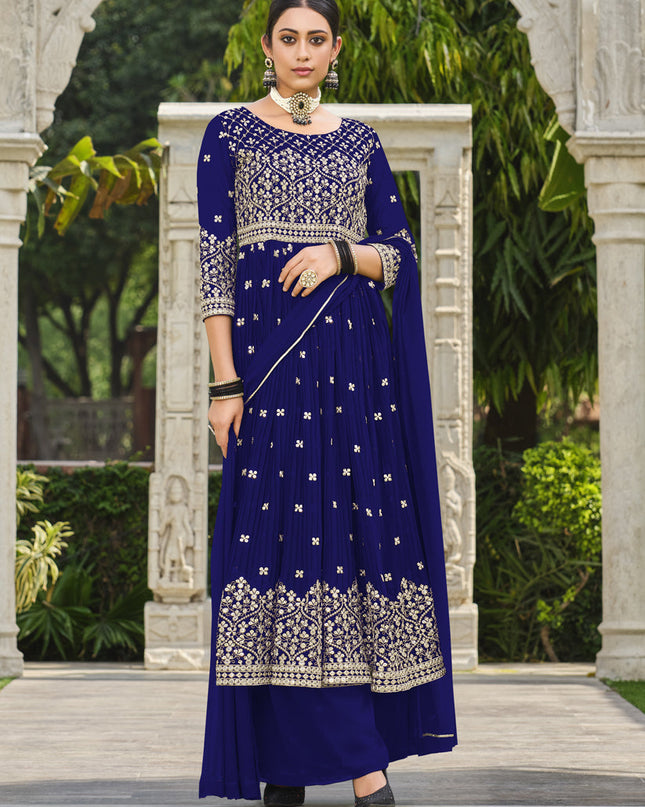 Royal Blue Pure Faux Georgette Palazzo Kameez Suit
