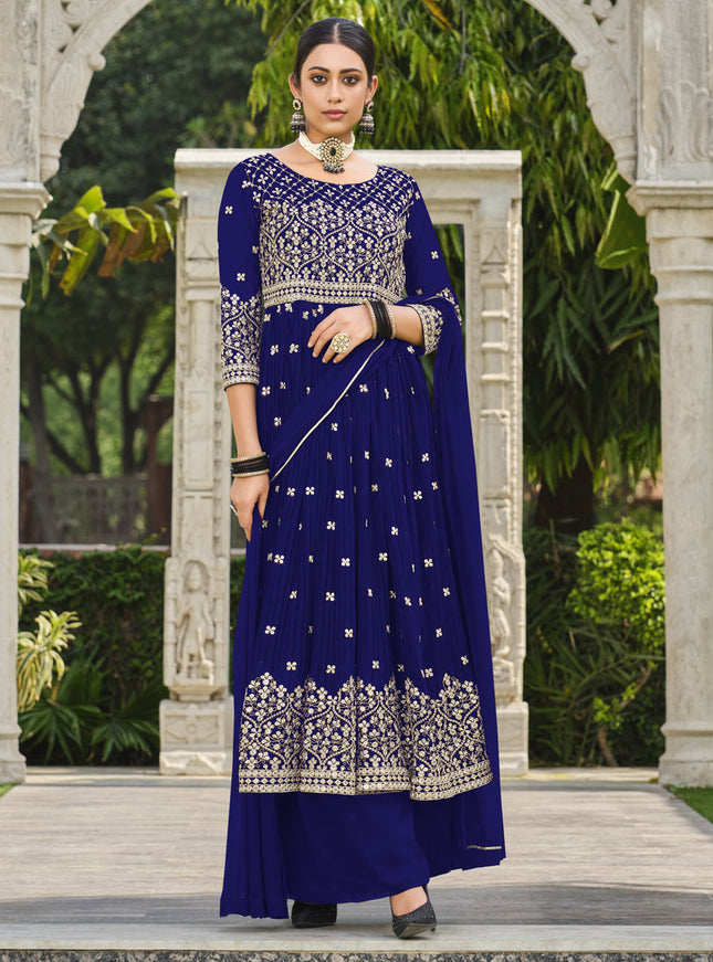 Royal Blue Pure Faux Georgette Palazzo Kameez Suit