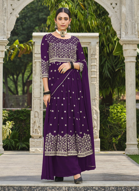 Purple Pure Faux Georgette Palazzo Kameez Suit