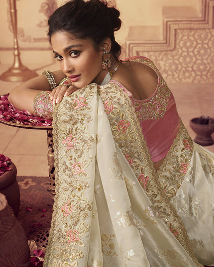 Pearl White Smoked Viscose Embroidered Saree