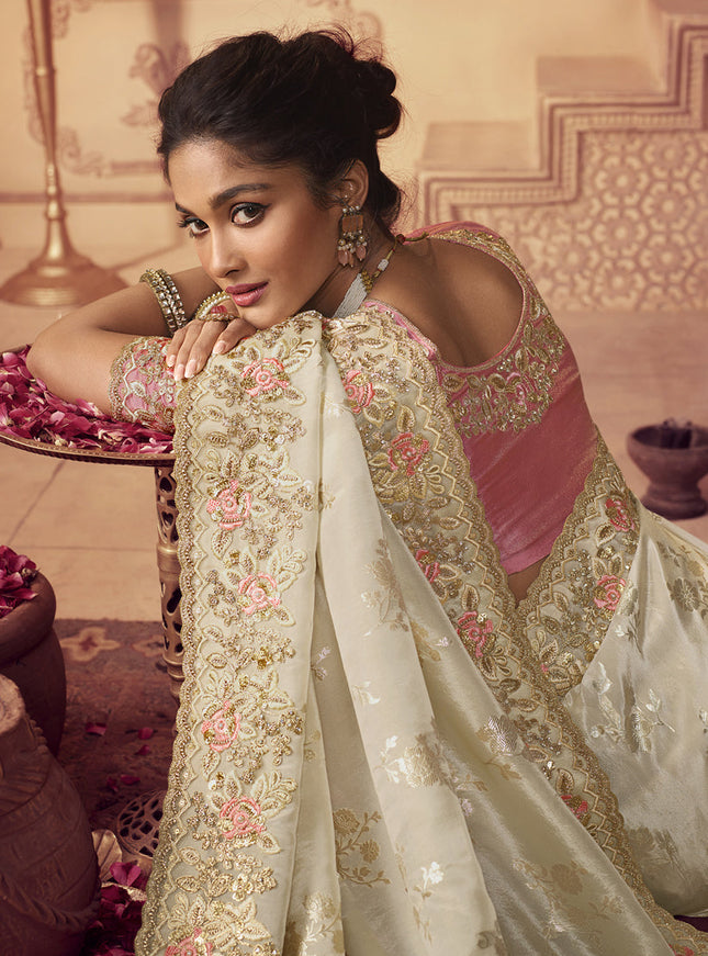 Pearl White Smoked Viscose Embroidered Saree