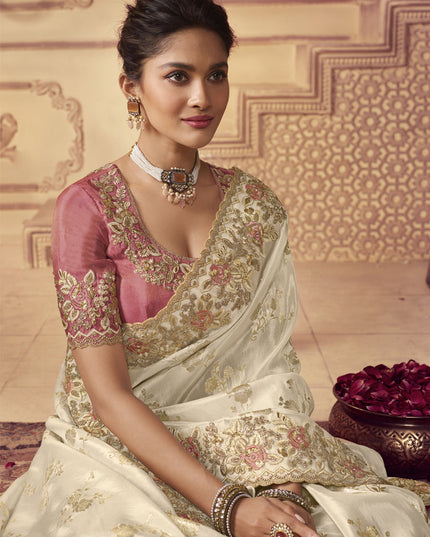 Pearl White Smoked Viscose Embroidered Saree