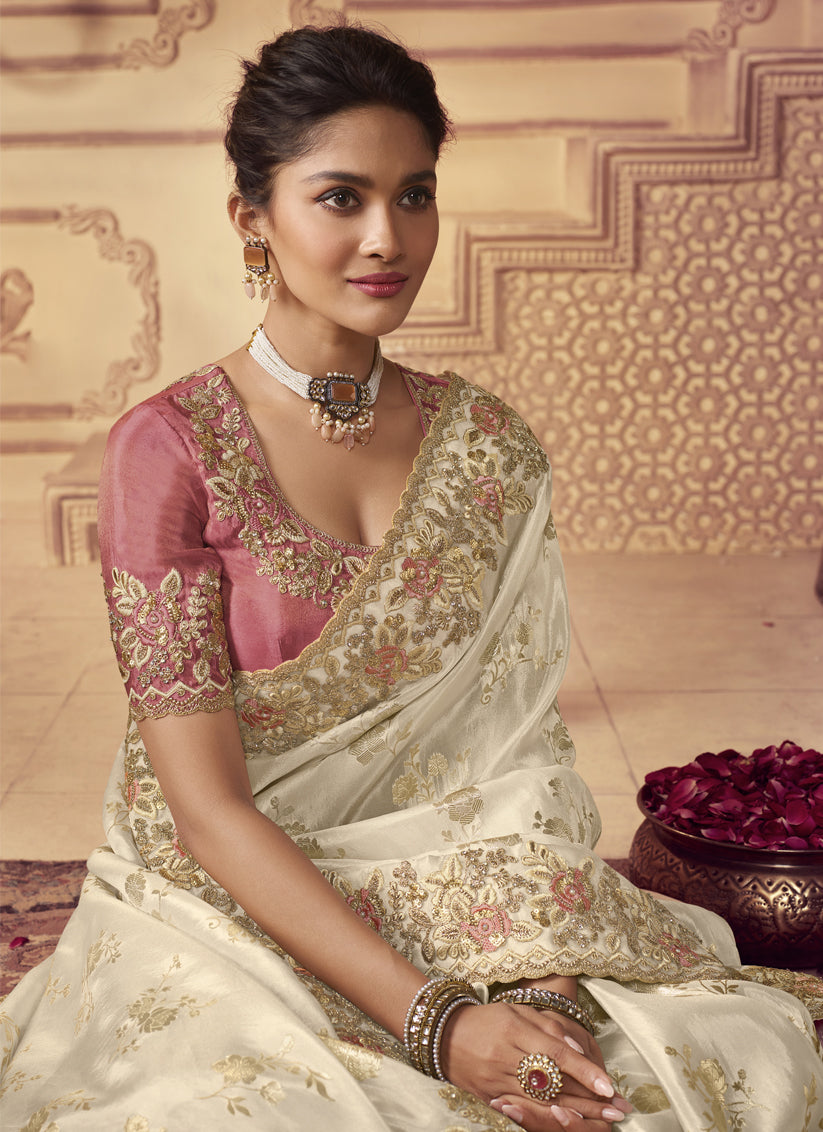 Pearl White Smoked Viscose Embroidered Saree