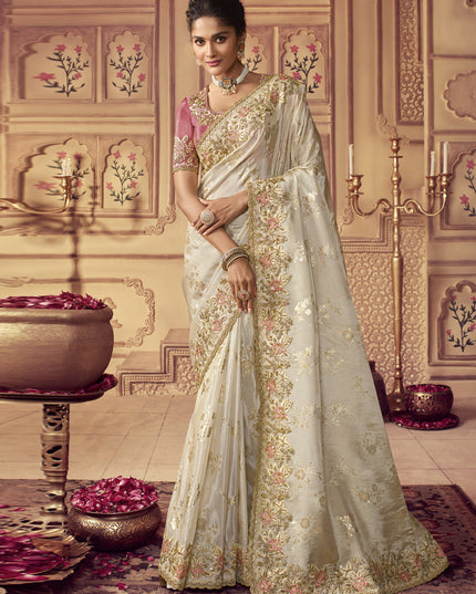 Pearl White Smoked Viscose Embroidered Saree