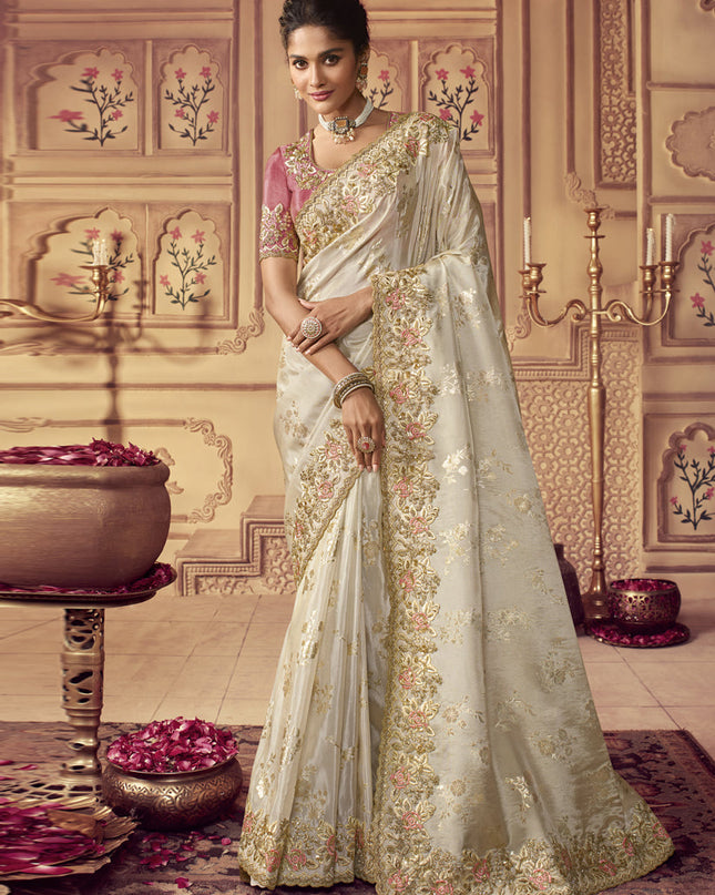 Pearl White Smoked Viscose Embroidered Saree