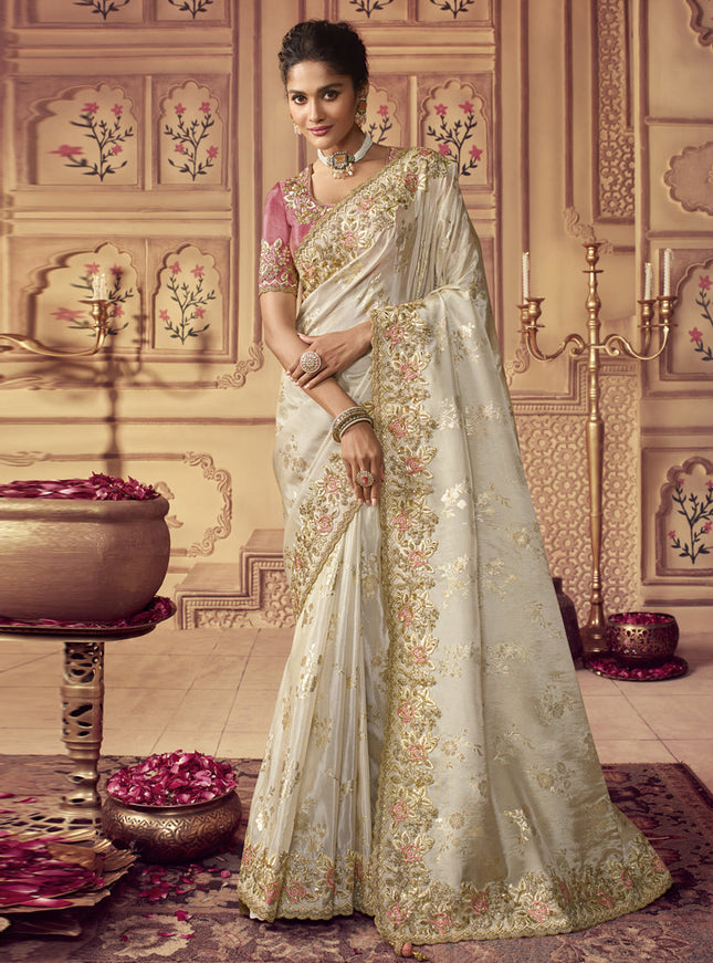 Pearl White Smoked Viscose Embroidered Saree