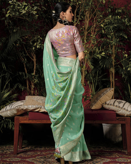 Sea Green Pure Viscose Dola Silk Zari Woven Saree for Wedding