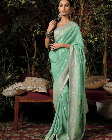 Sea Green Pure Viscose Dola Silk Zari Woven Saree for Wedding