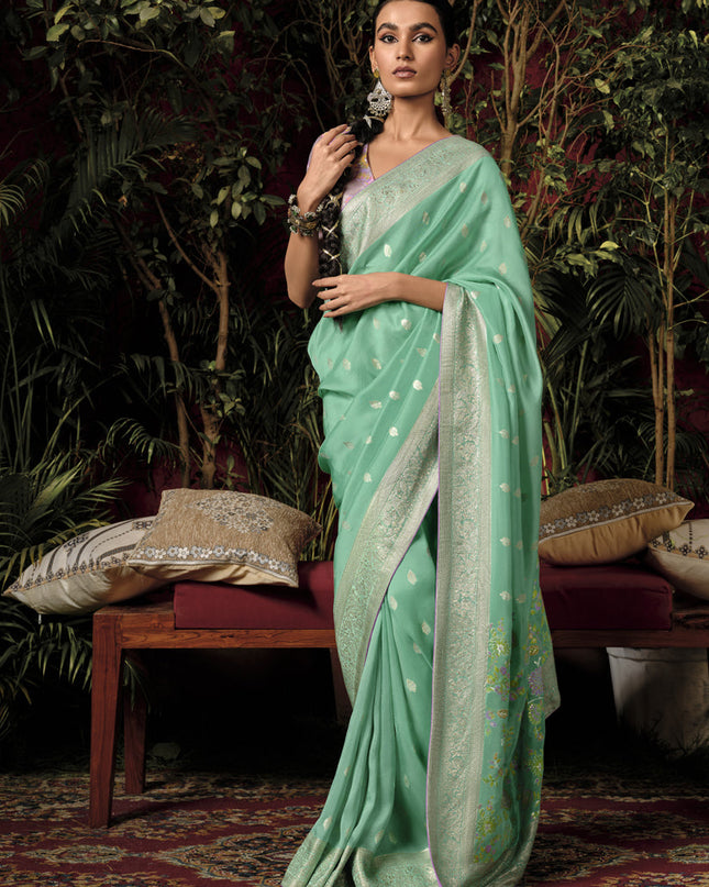 Sea Green Pure Viscose Dola Silk Zari Woven Saree for Wedding