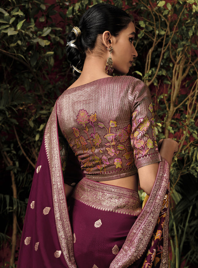 Wine Pure Viscose Dola Silk Zari Woven Saree for Wedding