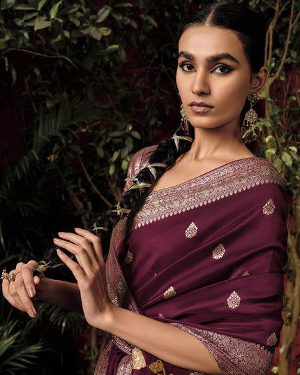 Wine Pure Viscose Dola Silk Zari Woven Saree for Wedding