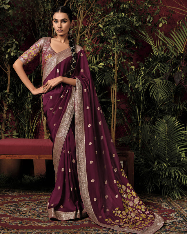 Wine Pure Viscose Dola Silk Zari Woven Saree for Wedding
