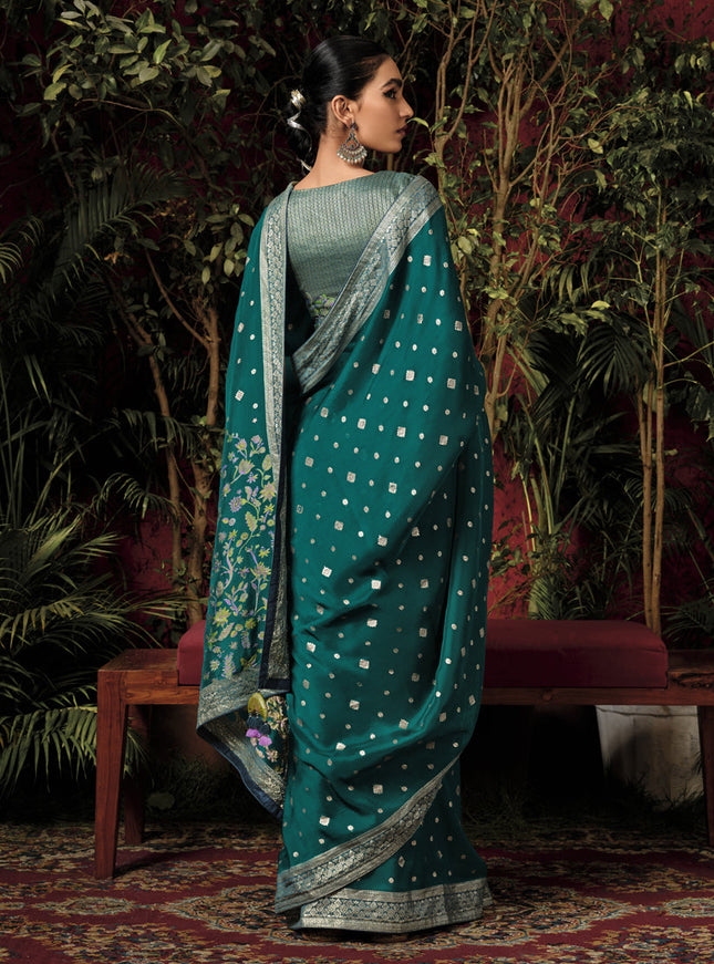 Pine Green Pure Viscose Dola Silk Zari Woven Saree for Wedding