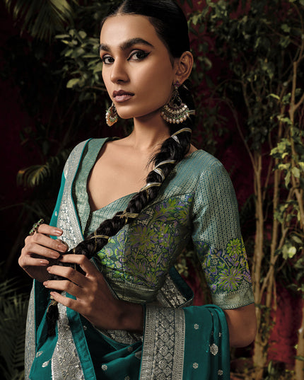 Pine Green Pure Viscose Dola Silk Zari Woven Saree for Wedding