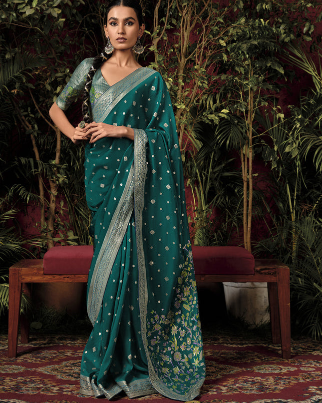 Pine Green Pure Viscose Dola Silk Zari Woven Saree for Wedding