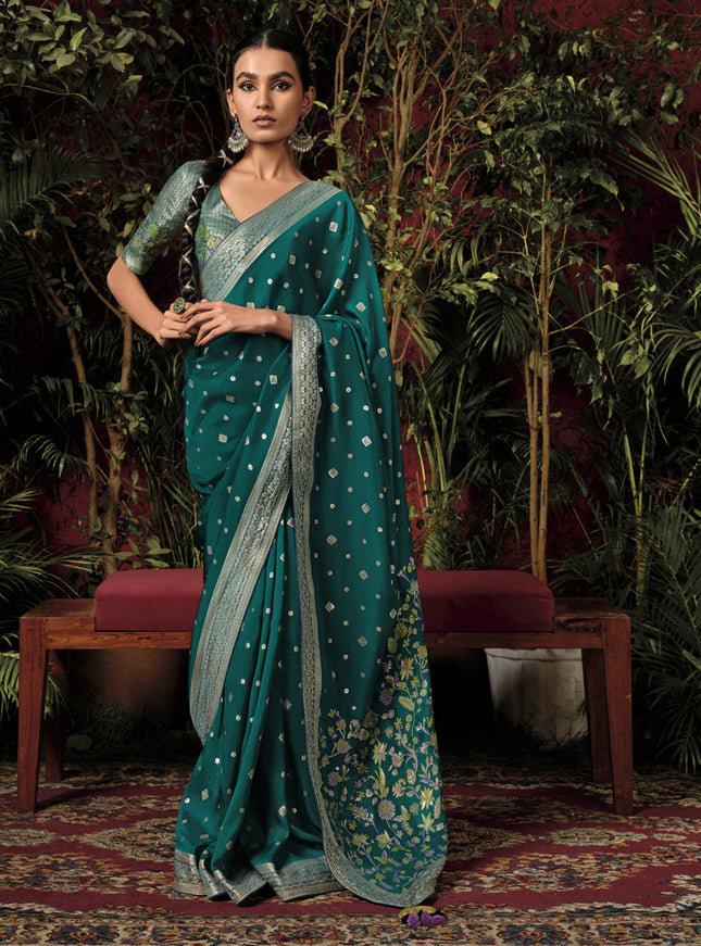 Pine Green Pure Viscose Dola Silk Zari Woven Saree for Wedding