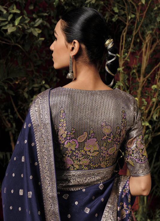 Navy Blue Pure Viscose Dola Silk Zari Woven Saree for Wedding