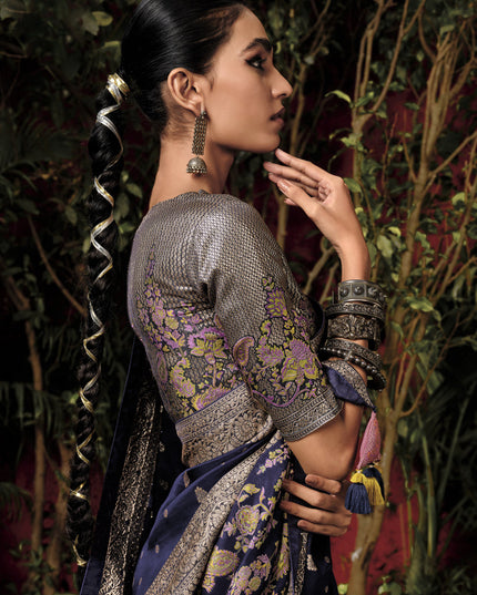 Navy Blue Pure Viscose Dola Silk Zari Woven Saree for Wedding