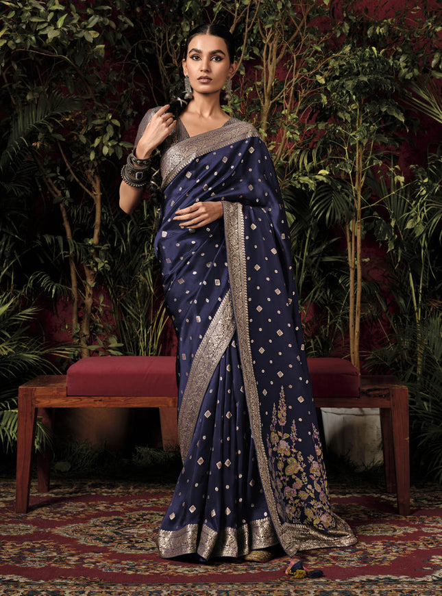 Navy Blue Pure Viscose Dola Silk Zari Woven Saree for Wedding