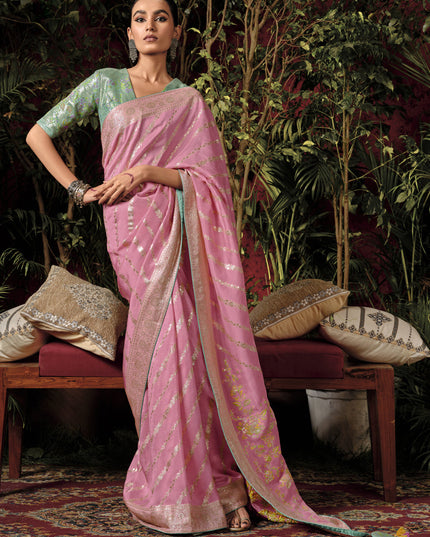 Rose Pink Pure Viscose Dola Silk Zari Woven Saree for Wedding