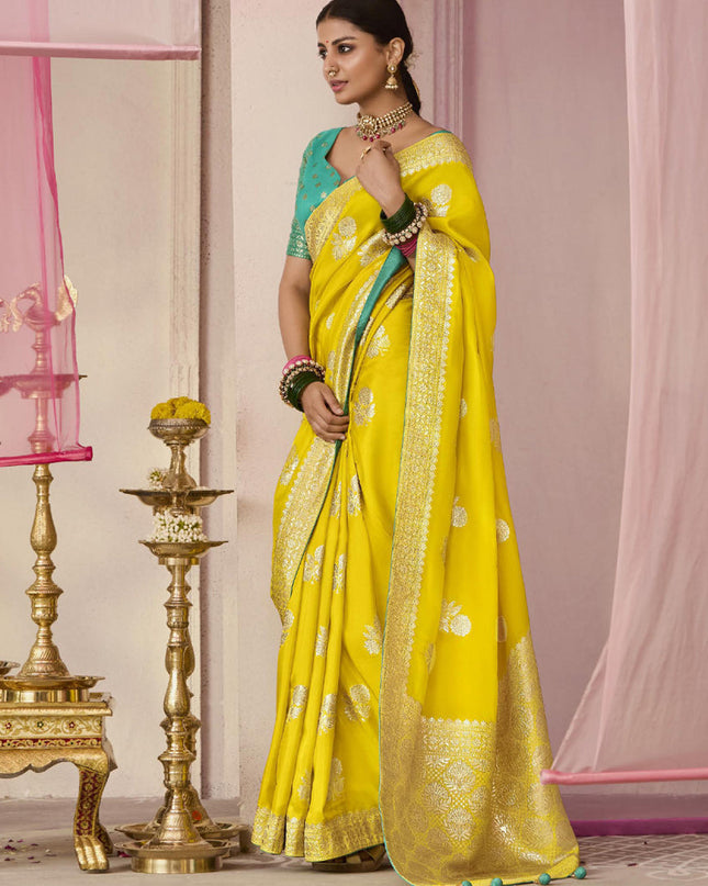 Lemon Yellow Dola Viscose Silk Woven Wedding Saree