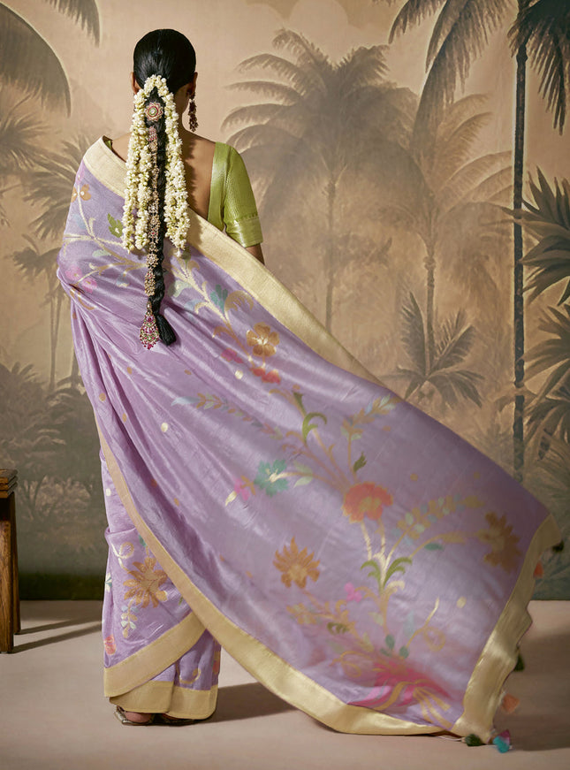 Lavender Silk Woven Work Designer Wedding Saree