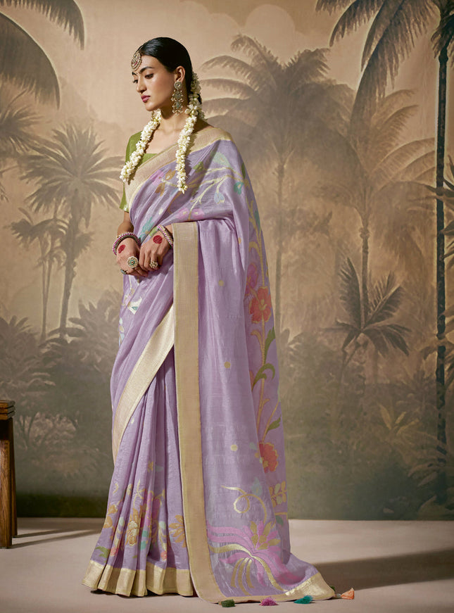 Lavender Silk Woven Work Designer Wedding Saree