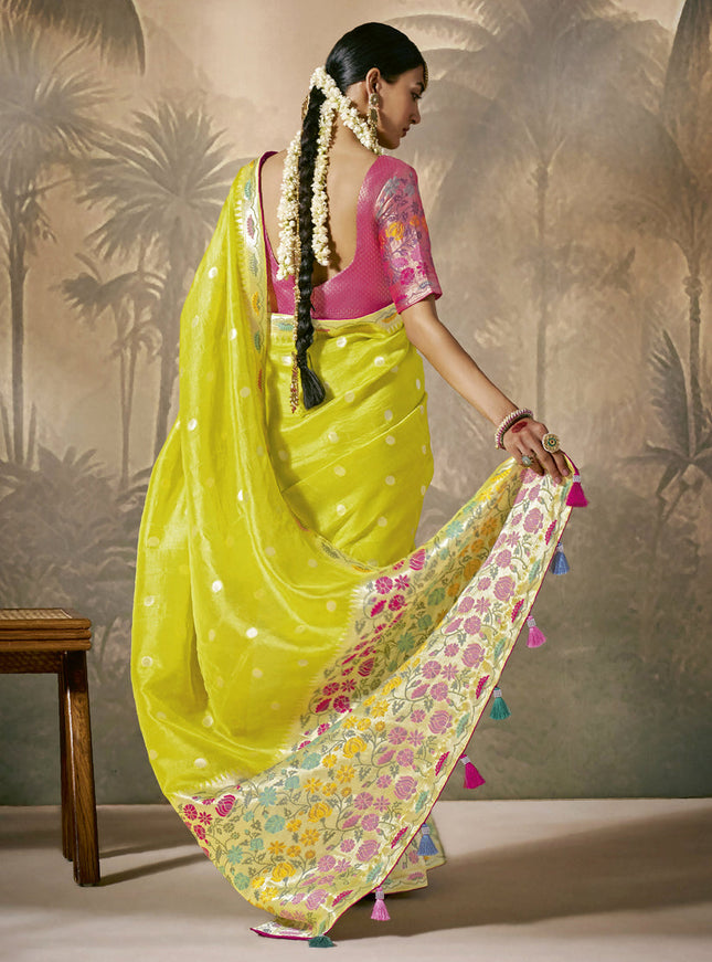 Lime Green Silk Woven Work Designer Wedding Saree